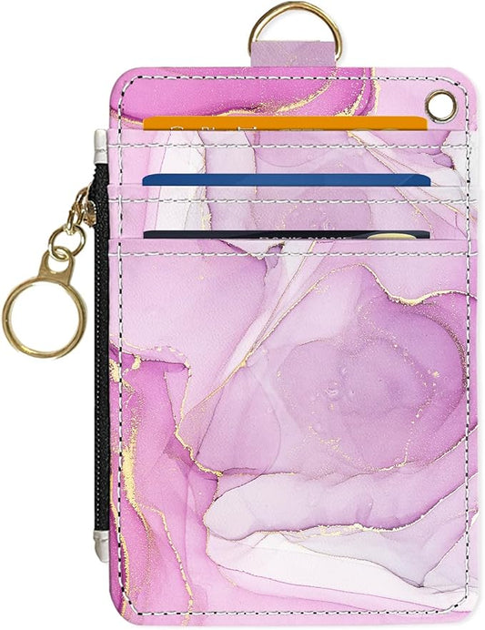Slim Wallet Credit Card Holder, Pink Marble Pattern, RFID Wallet Women Cute Small Front Pocket Wallet With Zipper, PU Leather Thin travel RFID Blocking Card Case ID Window,Ladies Gifts