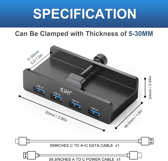 EJAY 4-Port USB 3.0 Hub with Clamp, High-Speed Data Transfer, Extra Power Supply Port, 59in Data & 39in Power Cables for Desk/Monitor