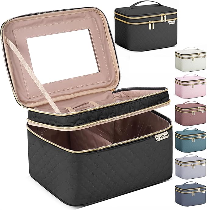 HXLGMD Large Makeup Bag with Mirror Double Layer Travel Make Up Organizer Case, Large Capacity Coemetic Bag with Brush Slot Divider