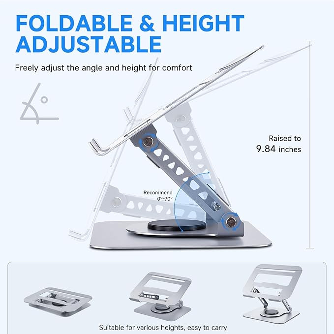 Leeboom Ergonomic Laptop Stand for Desk, 360° Rotating Aluminum Laptop Riser, Adjustable Notebook Holder for MacBook Air/Pro, Dell, HP, Lenovo (10–15.6", Silver) – Not for Gaming Laptops
