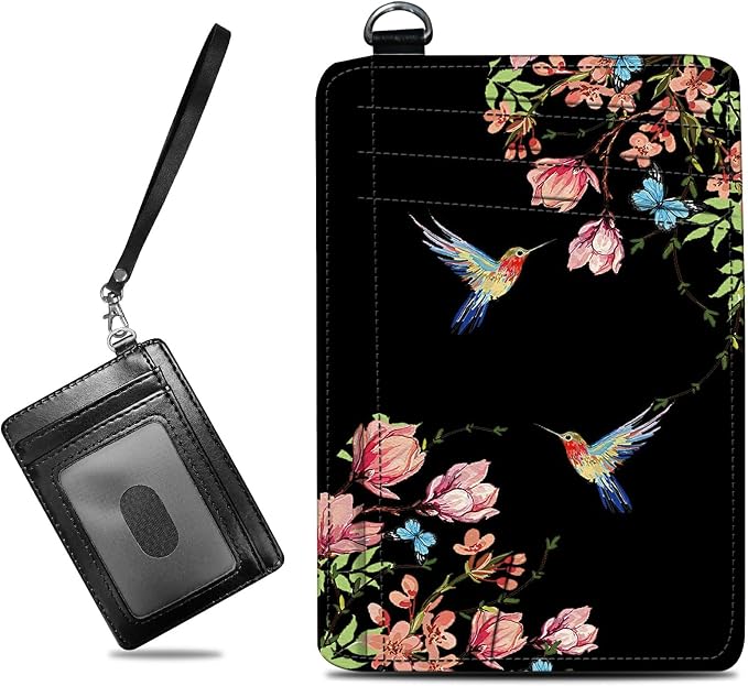Small Travel Wallets, Hummingbird Floral Sakura Slim Minimalist Front Pocket Wallet with Wristlet, RFID Blocking PU Leather Credit Card Holder with ID Window Change Purse for Men Women