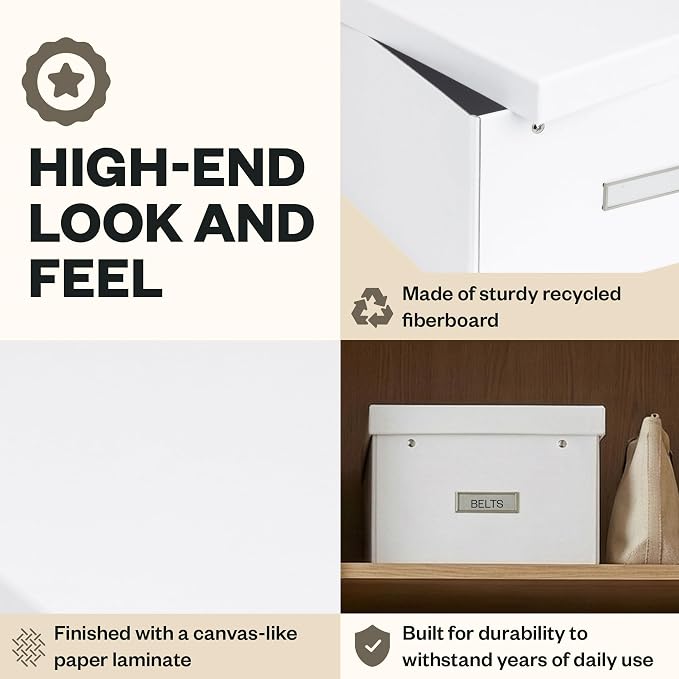 Bigso Box of Sweden Karin Collapsible Storage Box with Labelframe for Easy Identification - Simple Assembly Without Tools - Decorative Storage Boxes with Lids - 8.9in x 12.4in x 5.4in - White