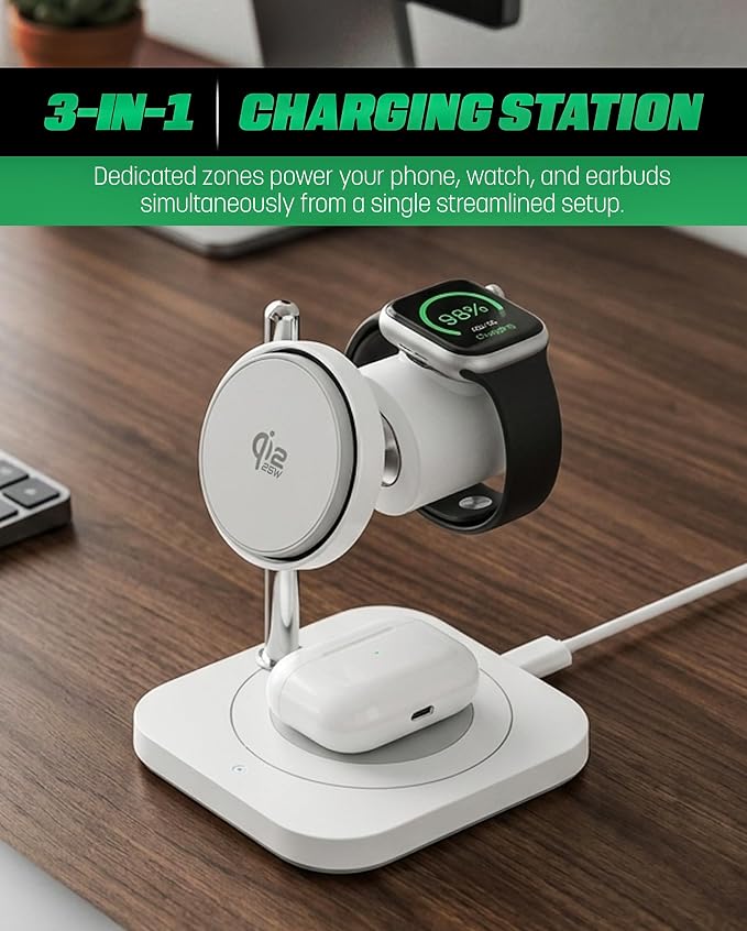 Galvanox Qi2.2 25W Magnetic Wireless Charging Stand for iPhone - 3 in 1 Charger Station (for iPhone, Apple Watch and AirPods) with Super Fast (45W) Wall Adapter (Compatible with MagSafe)