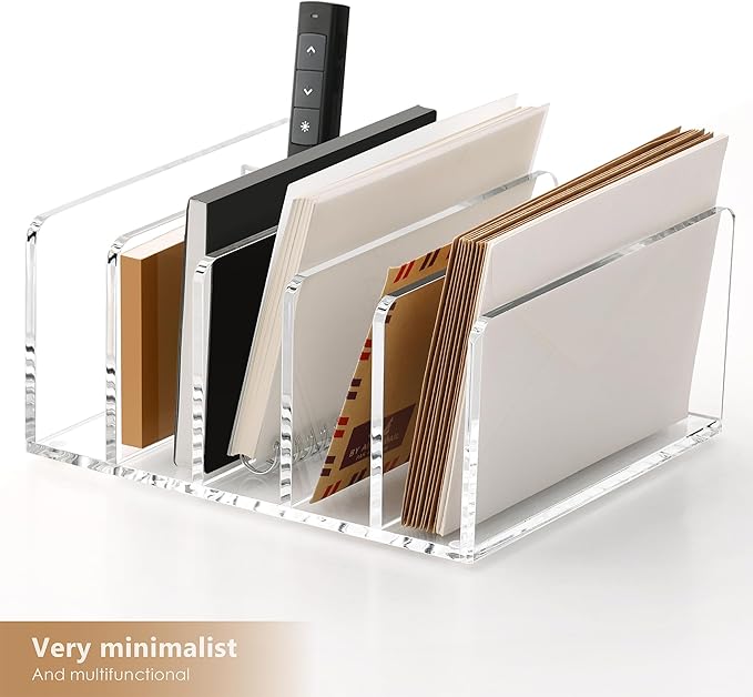 SANRUI Acrylic Mail Organizer, 5 Compartments File Holder for Desk, Letter Sorter with Pen Holder, Clear Countertop Document Sorter for Notebooks, Bills & Eyeshadow Palettes