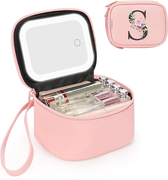 Relavel Mini Makeup Bag with Led Mirror for Mothers Day Gifts, Initial Cosmetic Bag with 3 Lighting Modes, Personalized Travel Bag, Preppy Make Up Pouch for Trip - Pink S