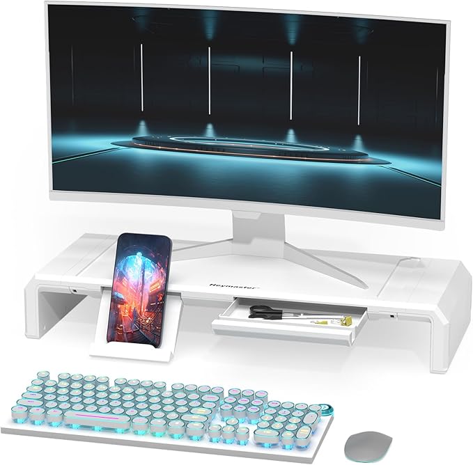 Heymaster Monitor Stand Riser, Foldable Computer Monitor Riser, Adjustable Length Computer Stand, Desk Shelf Riser with Storage Drawer &Tablet Phone Stand for Desktop, Laptop