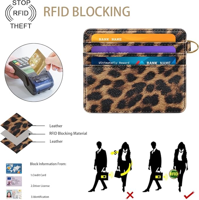 Slim Minimalist Pocket Credit Card Holder Wallet RFID Blocking Lightweight Thin Small Cute Card Cases,Leopard
