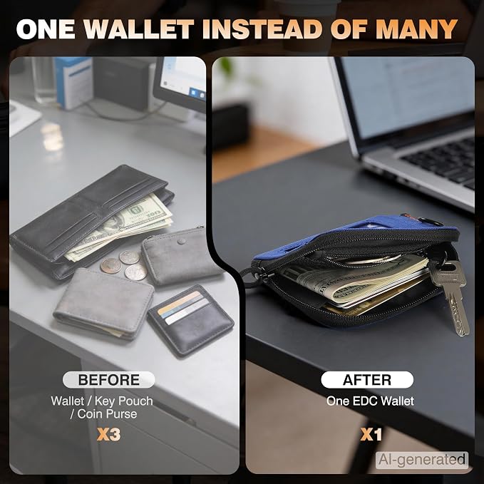 Coin Purse for Men, RFID Blocking 500D Nylon Small Wallet with Key Clip, Slim Front Pocket Card Holder, Zipper Coin Pouch & ID Window Organizer for Cards, Cash