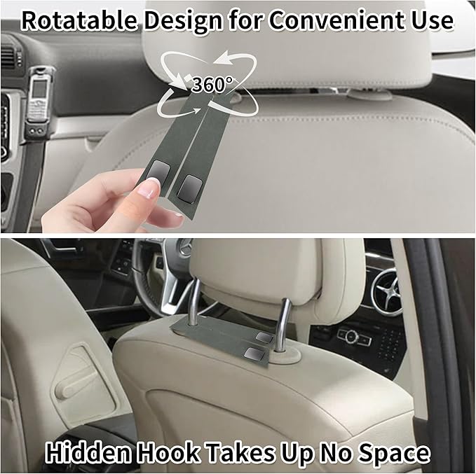 vidonio 2 Pack Double Car Seat Hooks for Headrest, Rotatable Purse Holder for Car,Premium Leather Car Hooks for Purses and Bags, Headrest Hooks and Storage Accessories (Gray)