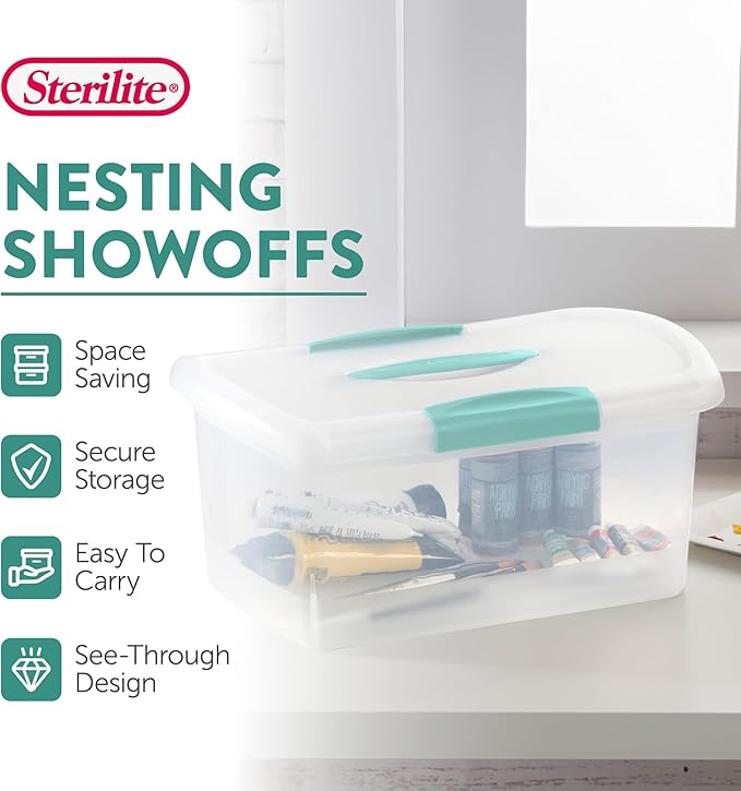 Sterilite Medium Nesting ShowOffs, Stackable Small Storage Bin with Latching Lid and Handle, Plastic Container to Organize Home, Clear, 24-Pack