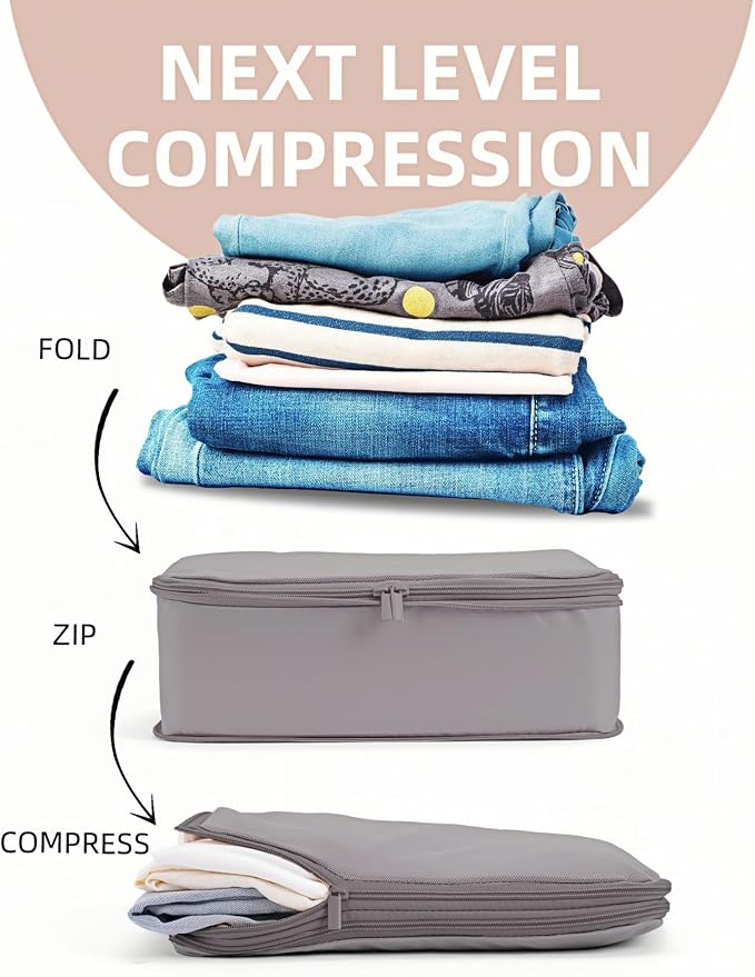 6 Set Compression Packing Cubes for 7–14 Day Travel, Misty Silver | Nylon Oxford Fabric, Full Breathable Mesh, Reinforced Double-Zipper, Small to Large Size Bag, Expandable Packing System