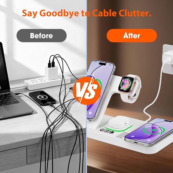 Dual Phone Magnetic Wireless Charging Station for Apple Devices/Apple Ecosystem, 7-Color Auto Light & 12H Clock, Multi-Device Charger for iPhone 17/16/15, for iWatch 11/10/9 & AirPods Pro3(White