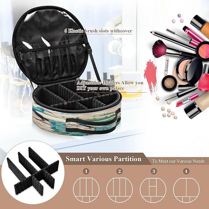 senya Round Cosmetic Pouch Travel Makeup Train Case Vintage Peacock Makeup Organizer Bag with Adjustable Dividers Portable for Cosmetics Makeup Brushes Toiletry Jewelry Accessories