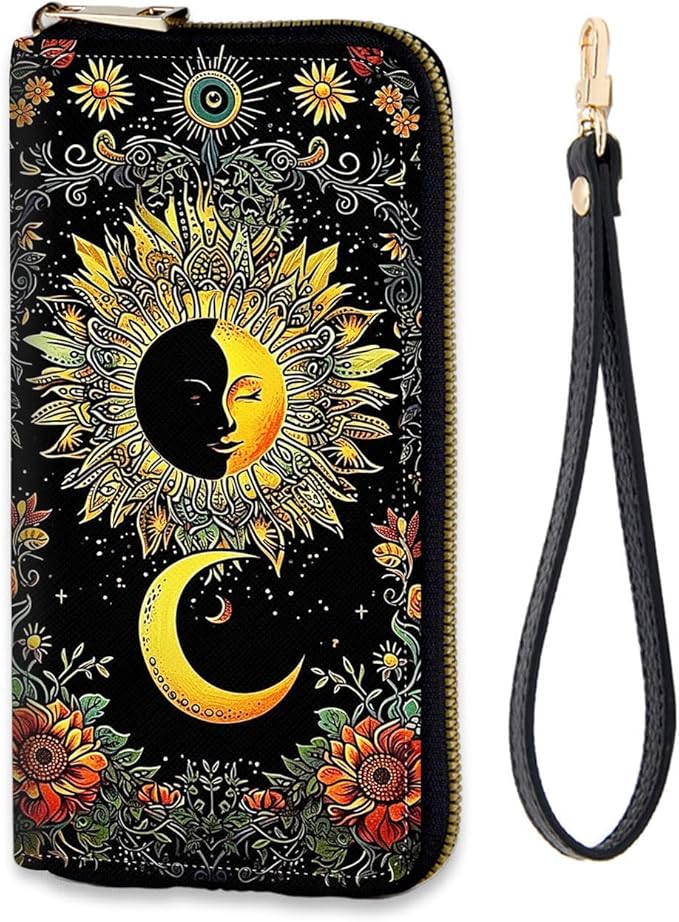 Women's RFID Blocking Zip Around Wallet with Detachable Wrist Strap, Large Capacity Credit Card Holder Organizer for Everyday Use,Sun Moon Flower