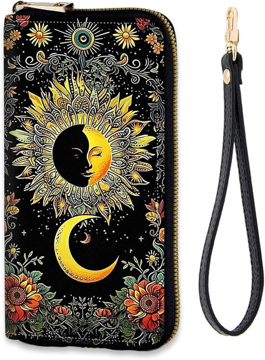 Women's RFID Blocking Zip Around Wallet with Detachable Wrist Strap, Large Capacity Credit Card Holder Organizer for Everyday Use,Sun Moon Flower