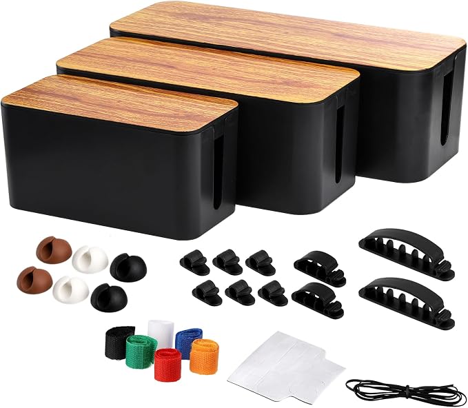 Yopay Set of 3 Cable Management Box, Cord Cable Organizer Box, Wires Keeper Storage Holder, Surge Protector, Hide and Conceal Extension Power Strips Electrical Cords for TVs, Computers, Desks