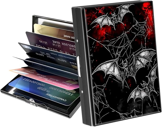 Metal Wallet,Credit Card Holder for Women Men,RFID Blocking Card Holder Mini Slim Aluminum Wallet ID Case Hard Case Business Card Holder Case,Black Red Bat