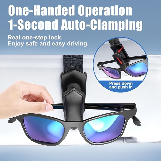 Veharvim Sunglass Holder for Car (One-Handed-Operation, Gentle & Secure Hold, Silicone Padded, Universal Fit, Metal Clip) Visor Sunglass Holder Clip,Visor Sunglass Car (Black, 1 Pack)