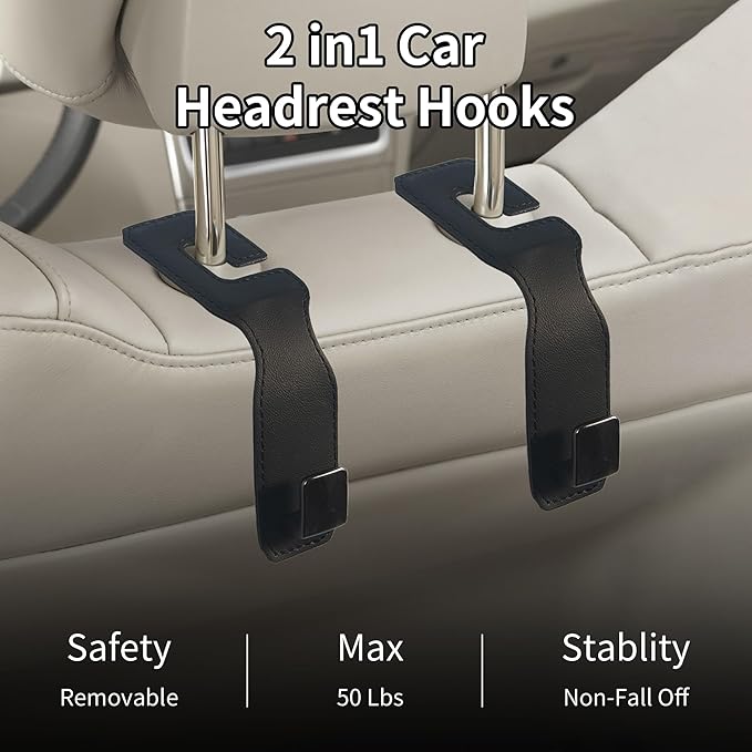 Vidonio Upgrade Car Seat Headrest Hooks & Mobile Phone Holder, Universal Hidden Multifunctional Car Organizers, Leather (Black)