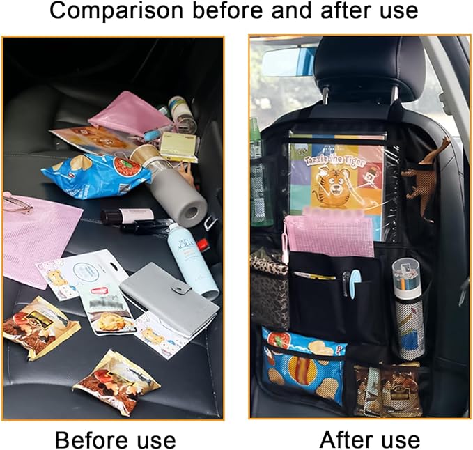 2PCS Car Seat Back Organizer, Waterproof Vehicle Storage Bag with Touch Screen Tablet Holder & 9 Pockets, Auto Kick Mats Back Seat Protector for Kids, Universal Travel Accessories (Gray/Small)