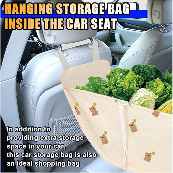 Car Seat Organizer - Large Capacity Auto Backseat Organizer, Collapsible Car Hammock Storage Bag, Reusable Tote with Drawstrings, Road Trip Essentials for Adults Kids (Beige)