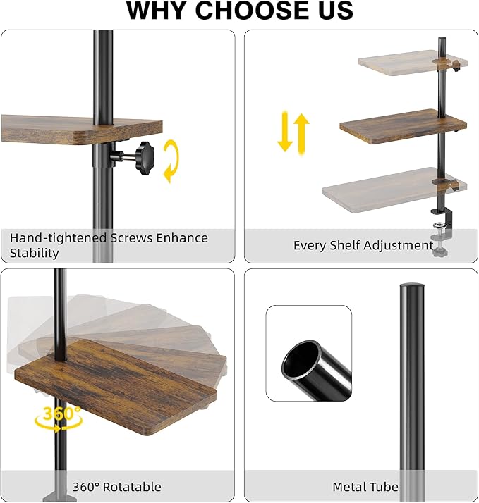 3 Tiers Clamp On Desk Shelf, 360° Angle Adjustable Desktop Shelf Organizer for Home Office Gaming Room, No Drill Desk Extender Adapt to 0.4-2.16 inches Table Thick, Black Brown