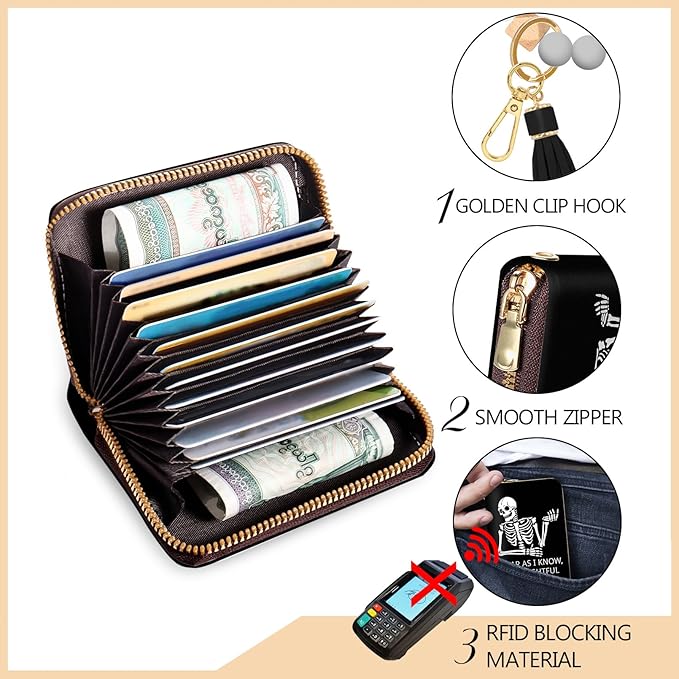 Credit Card Holder RFID Wallet, Small Card Holder Wallet for Women with Keychain Zipper, Funny Leather Print Credit Card Wallets Accordion Gift