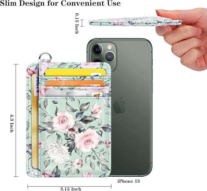 Coco Rossi Slim Front Pocket Wallet RFID ID Card Holder Cute Small Wallet with Keychian for Women,Green Flowers
