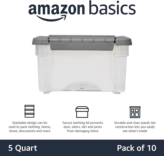 Amazon Basics Plastic Storage Containers with Secure Latching Lids, Stackable Organization Bins for Organizing, Clear/Grey, 5 Quart, Set of 10