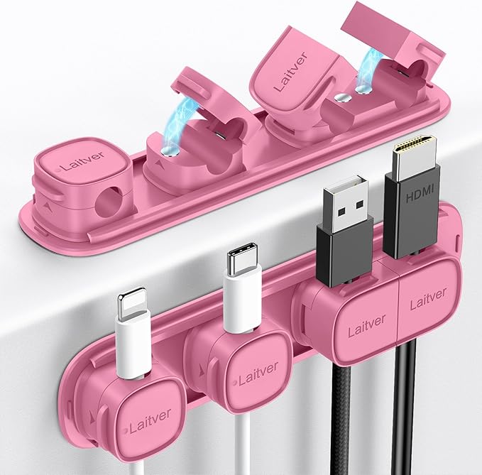 6 Pack Magnetic Cable Clips [1s Open/Lock], Laitver Cord Organizer Holder Strong Adhesive Desk Cable Management- Organize Charging Cords Neatly for Home, Office, Car,Desk, Nightstand-Rose Red
