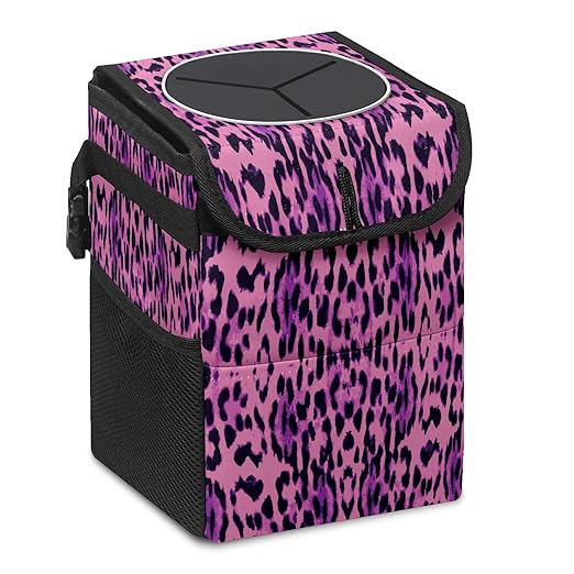 Car Trash Can Purple Pink Black Leopard Auto Garbage Bag Car Trash Can with Lid Leak-Proof Car Storage Bag Auto Garbage Bag Hanging for Headrest Collapsible and Portable with Storage Mesh Pocket