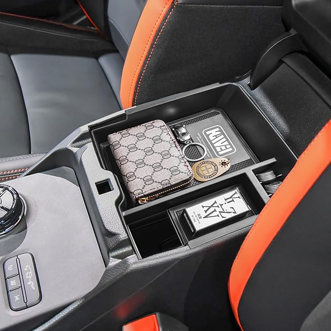 HGWEI Center Console Organizer Tray Compatible with 2024 2025 2026 Ford Ranger & Ranger Raptor Interior Accessories, Coin Container Armrest Storage Box(Electric handbrake Version), Black