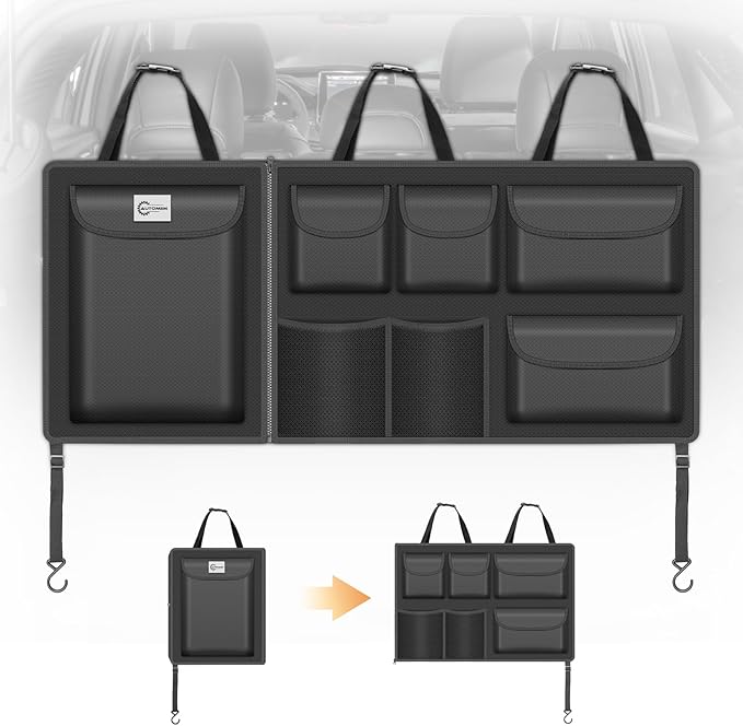 Detachable Hanging Trunk Organizer, Foldable Car Trunk Organizer Hanging for SUVs, Jeeps, Hatchbacks, Car Trunks Organiser with 7 Large Compartments
