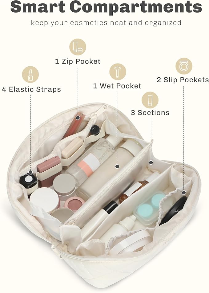 Hynes Eagle Travel Makeup Bag for Women Puffy Cosmetic Organizer Pouch Open Flat Toiletry Bag for Toiletries, Brushes Beige