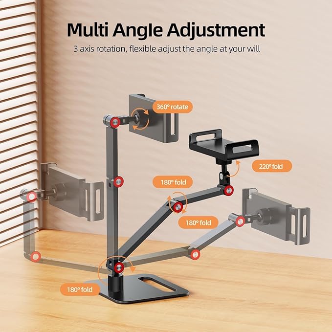UPERFECT Adjustable Tablet Stand, 360° Swivel & 180° Tilt, Foldable Arm Holder for 4.7??.87'' Telescopic Clamp, Compatible with ??8.5'' Monitor/iPhone/iPad/Tablet, Aluminum Alloy, Black