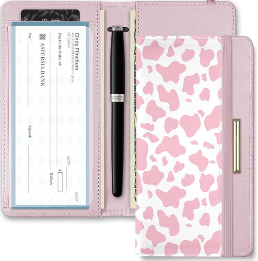 Letter Checkbook Cover, RFID Blocking Checkbook, Stylish, Lightweight, Slim Durable, Multi-Functional Checkbook Holder for Personal and Business Checks (Cow-Pink)
