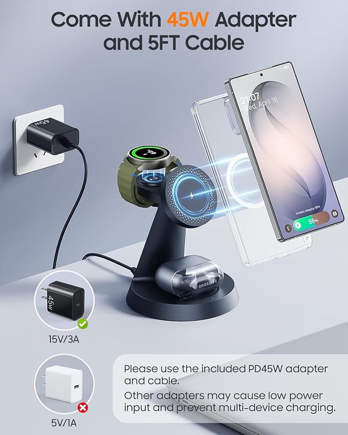 25W Magnetic Wireless Charger for Samsung Galaxy S26 Ultra & 45W Adapter, 3 in 1 Charging Station Design for MagSafe Samsung Charger for S25/Z Fold7, Charger Stand for Galaxy Watch Ultra 8, for Buds