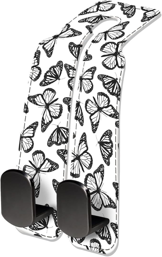 Car Seat Headrest Hook, Universal Leather Cute Hanger Holder Hook, Storage Organizer Interior Accessories for Purse Bags Handbag Black White Cute Butterfly