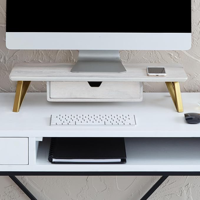 Anji Mountain Monitor Stand - Desktop Organizer & Laptop Riser, Ergonomic Monitor Riser, Space-Saving Monitor Stand for Desk, Durable Construction, Easy Assembly, Ideal for Home & Office,White Wash