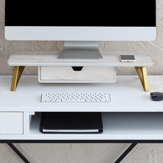 Anji Mountain Monitor Stand - Desktop Organizer & Laptop Riser, Ergonomic Monitor Riser, Space-Saving Monitor Stand for Desk, Durable Construction, Easy Assembly, Ideal for Home & Office,White Wash