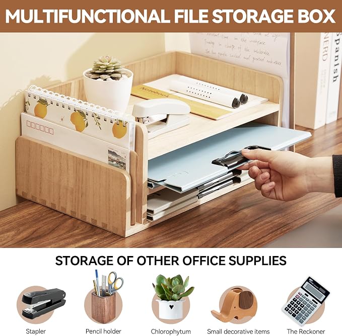 KIRIGEN Wood Desk Organizer 5 Trays, 3-Tier Desktop Document Letter Tray with Side Slots, Fully Assembled Mail Sorter and File Folder Holder for Home Office, Natural 2TP-NA