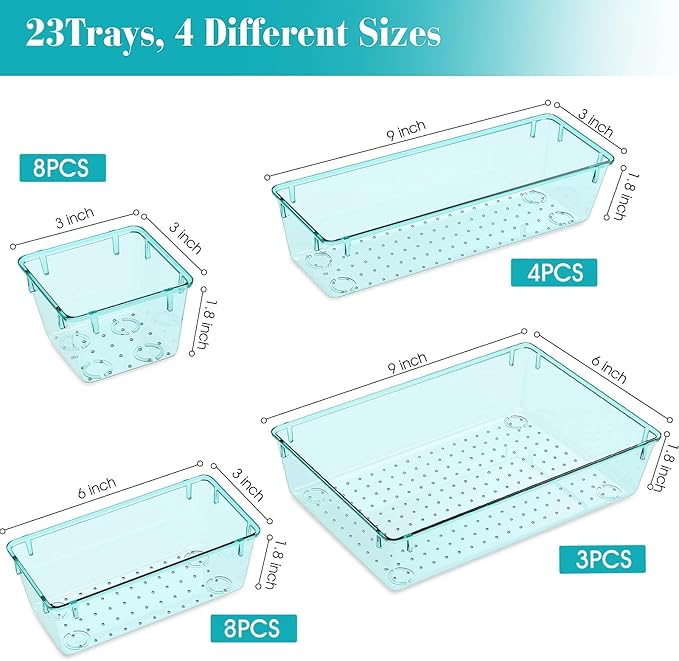 StorMiracle 23 PCS Clear Plastic Drawer Organizers Set, 4 Size Desk Drawer Organizer Trays for Makeup, Jewelry, Kitchen Utensils, Gadgets and Office Accessories, Sea Blue