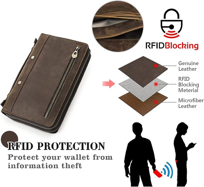 Top Grain Genuine Leather Clutch Wallet Bag with Hand Strap for Man & Woman, Handmade Minimalist Vintage Design, 2 Zip Pockets & Multi Slots, RFID Large Capacity for Cards/Phone/Check/Banknote, Coffee