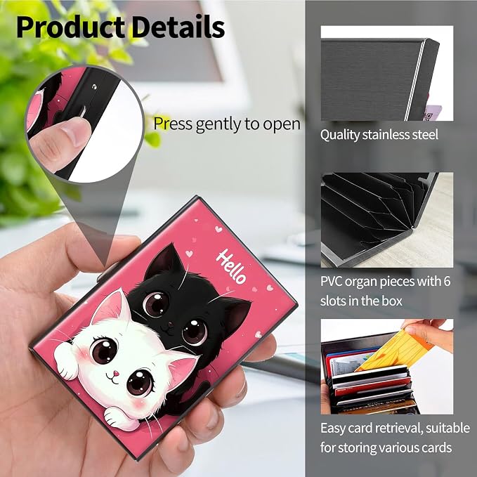 Metal Wallet, Credit Card Holder for Women Men Girls, RFID Blocking Aluminum Wallet Slim Hard Case, Mini Travel Wallet, ID Card Holder Business Card Case,Hello Cat