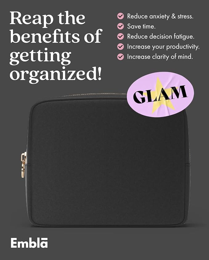 Embla Large Makeup Bag and Waterproof Nylon Travel Toiletry Bag, Large Capacity Cosmetic Zipper Pouch, Black