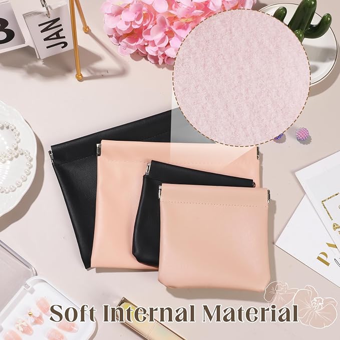 4PCS Pocket Cosmetic Bag Squeeze Top, Small Makeup Bag for Purse Portable Mini Coin Change Purse Self-Closing Cosmetic Purse Small Leather Makeup Lipstick Organizer Pouches(BlackPink)