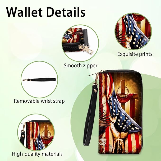 Christian Gifts Womens Wallet - Small Slim PU Leather Wallet for Women with Zipper Coin Purse, Credit Card Holder Wallets, Wristlet Wallets for Female Ladies Teen Boys Girls (Cross & Flag)