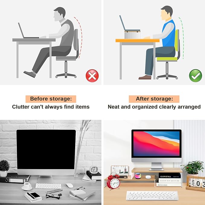 YGYQZ Adjustable Monitor Stand Riser with Acrylic Legs丨19.3" Length Dual Monitor Stand for Desk丨2-Tier Wood Desktop Organizer for Computer, Laptop, Printer & PC丨Modern Aesthetic Desk Shelf(wood-wavy)