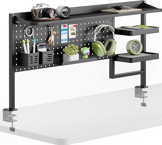 PEGZONE Clamp on Desk Shelf, 44" Desktop Shelving System with Pegboard and Accessories, Desktop Organizer with 2-Tier Shelf, Desk Pegboard for Office Home Gaming, Black