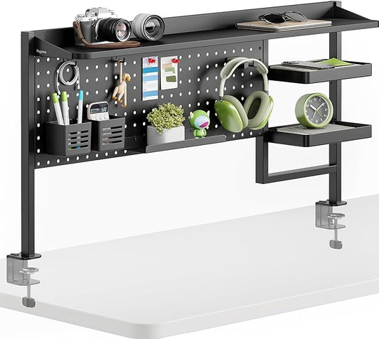 PEGZONE Clamp on Desk Shelf, 44" Desktop Shelving System with Pegboard and Accessories, Desktop Organizer with 2-Tier Shelf, Desk Pegboard for Office Home Gaming, Black